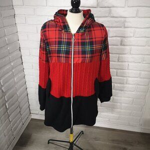 Unbranded Ladies Size XL Red, Black & Plaid Sections Full Zip Sweater w/ Hood